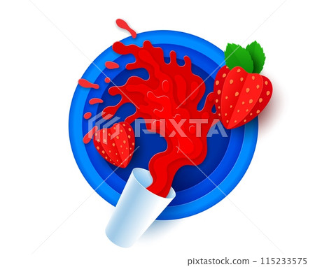 Paper cut strawberry juice splash. 3d vector vibrant and dynamic papercut with red liquid explosion and ripe garden berries on blue round layered frame, exudes summer vibes, freshness and health 115233575