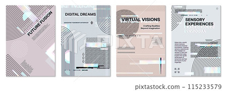 Futuristic glitch poster template, abstract cover background with digital distortion, holographic effect and geometric shapes. Vector cards for advanced technology fusion and innovative experience 115233579