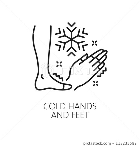 Cold hands and feet line icon, vector anemia symptom, physical disease and hematology medicine. Vector outline hand and leg with shaking and snow sign. Anaemia disorder, coldness and numbness of limbs 115233582