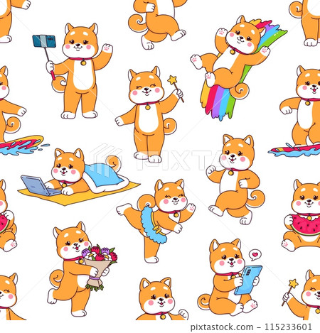 Cartoon japanese Shiba Inu dog characters seamless pattern. Wallpaper or fabric seamless background, wrapping paper print or vector pattern with kawaii Shiba Inu dancing, eating and surfing personages Cartoon japanese Shiba Inu dog characters seamless pattern. Wallpaper or fabric seamless background, wrapping paper print or vector pattern with kawaii Shiba Inu dancing, eating and surfing personages 115233601