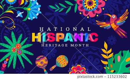 Hispanic heritage month banner with colibri, maracas and tropical flowers pattern vector background. Mexican and spanish culture ethnic festival, latino carnival flyer with floral ornament, bird, palm Hispanic heritage month banner with colibri, maracas and tropical flowers pattern vector background. Mexican and spanish culture ethnic festival, latino carnival flyer with floral ornament, bird, palm 115233602