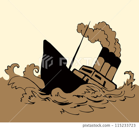 Shipwreck in the waves. Vector drawing 115233723