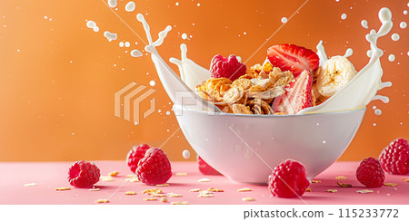 Breakfast cereal falling into a bowl with milk, raspberries and banana slices, creating a splash of milk 115233772