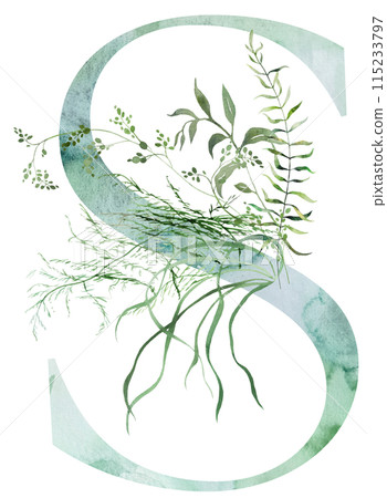 Green letter S with Watercolor whimsical tender leaves isolated illustration, wedding element 115233797