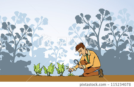 A man with a magnifier is looking for weeds. Vector drawing 115234078