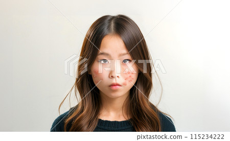 A fictional AI-generated character of an elementary school girl with acne on her cheek 115234222