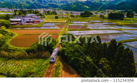 A trolley train photographed by a drone A trolley train photographed by a drone 115234304