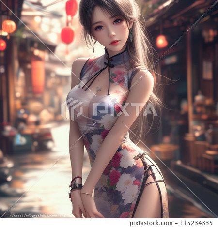 台灣九份,一位身著中式禮服的女子在觀光 台灣九份,一位身著中式禮服的女子在觀光 115234335