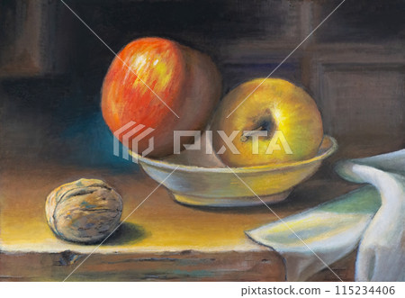 Still life with apples, walnut and drapery Still life with apples, walnut and drapery 115234406