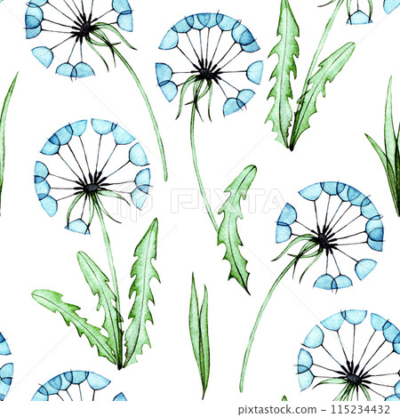 watercolor drawing, seamless pattern of dandelions. transparent flowers, x-ray watercolor drawing, seamless pattern of dandelions. transparent flowers, x-ray 115234432