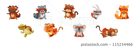 Animal Character Superhero Dressed in Mask and Red Cape or Cloak Vector Set 115234466