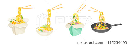 Asian Noodles in Carton Box with Chopstick Vector Set 115234493