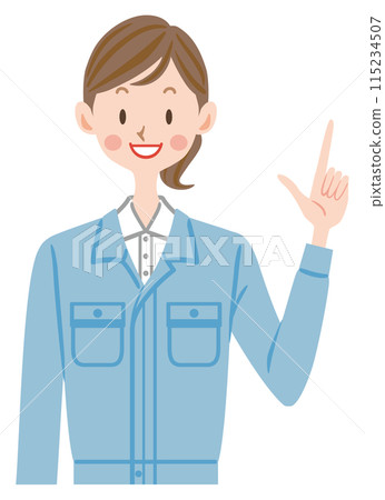 穿著工作服的女人解釋,上班族,指著姿勢 穿著工作服的女人解釋,上班族,指著姿勢 115234507