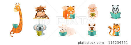 Cute Animal Character Reading Book Enjoying Interesting Story Vector Set 115234531