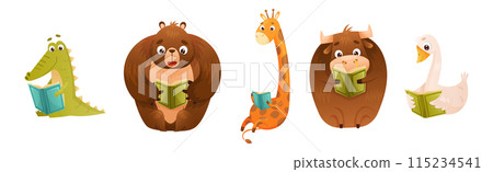 Cute Animal Character Reading Book Enjoying Interesting Story Vector Set 115234541