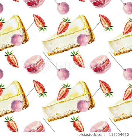 Cakes seamless pattern. Cheesecake, macaroon, strawberry. Watercolor illustration on white background. Wrapping paper, wallpaper, textiles, covers. 115234620
