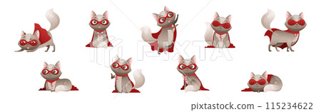 Grey Cat Superhero Character Wearing Red Cloak and Mask Vector Set. Grey Cat Superhero Character Wearing Red Cloak and Mask Vector Set. 115234622