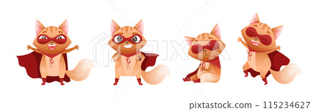Ginger Cat Superhero Character Wearing Red Cloak and Mask Vector Set 115234627