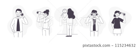 People Character with Binocular, Telescope and Magnifying Glass Looking in Future Vector Set 115234632