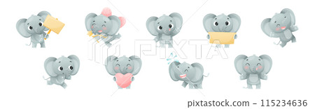 Funny Grey Elephant with Large Ear Flaps and Trunk Enjoying Different Activity Vector Set 115234636
