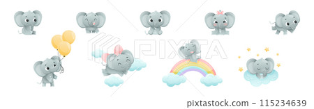 Funny Grey Elephant with Large Ear Flaps and Trunk Enjoying Different Activity Vector Set Funny Grey Elephant with Large Ear Flaps and Trunk Enjoying Different Activity Vector Set 115234639