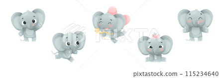 Funny Grey Elephant with Large Ear Flaps and Trunk Enjoying Different Activity Vector Set 115234640
