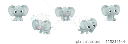 Funny Grey Elephant with Large Ear Flaps and Trunk Enjoying Different Activity Vector Set 115234644