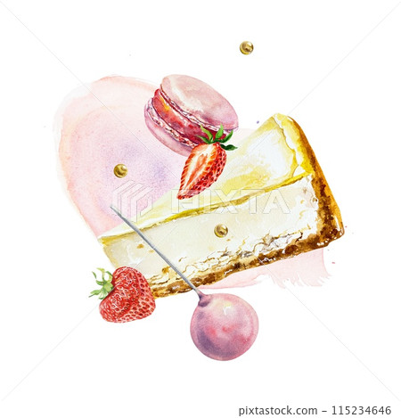 Cheesecake, macaron, strawberries. Watercolor illustration isolated on white background. For birthday cards, invitations, cafe menus, banners, posters 115234646