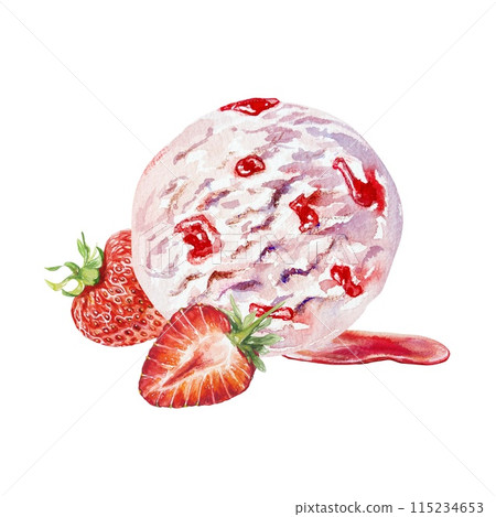 A scoop of ice cream, strawberry syrup, berries. Watercolor illustration isolated on white background Birthday cards, invitations, cafe menus, posters 115234653