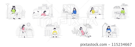 Freelance Remote Working Young Man and Woman with Laptop Outline Vector Set 115234667