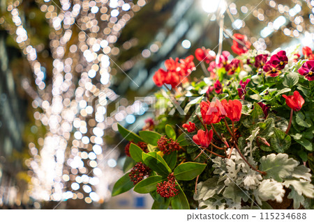 東京燈火通明的道路上裝飾著鮮花 115234688