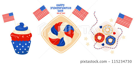 Holiday sweets set. Colorful round cake, cupcake and donuts with American flags. Happy Independence Day 4th of July. Vector illustration. Isolated festive blue, white, red food baking for party 115234730