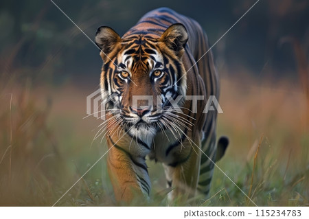 Focused Tiger Stalking Through Grass 115234783