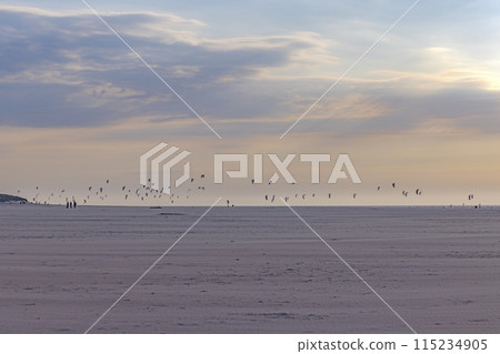Picture of many kitesurfers on the beach of Ouddorp in Holland in the evening light 115234905