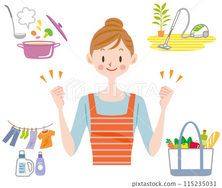 Housewives working hard at housework: cooking, laundry, cleaning, shopping 115235031