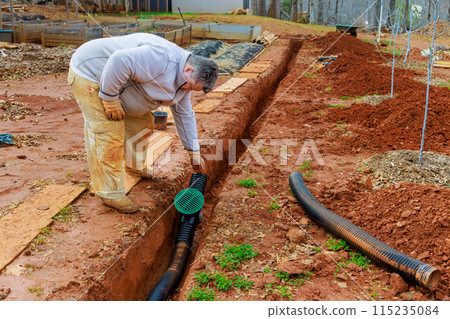 Drain pipe for storm drainage is installed in trench drain for draining rainwater 115235084