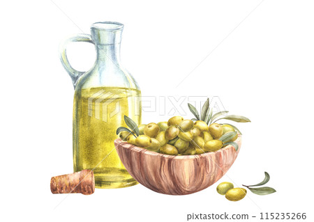 Olive oil in glass bottle with cork. Wooden bowl with green Olives fruit or berries. Watercolor hand drawn illustration for food sauce label, vegetarian menu design. Isolated clipart white background 115235266