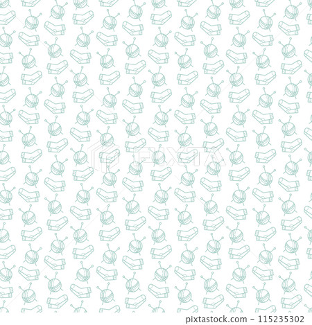 Seamless pattern with a skein of yarn, knitting needles, socks. Doodle vector outline illustration. 115235302
