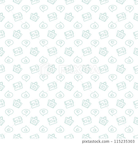 Seamless pattern with a sewing machine, bag and speech bubble. Doodle vector outline illustration. Seamless pattern with a sewing machine, bag and speech bubble. Doodle vector outline illustration. 115235303