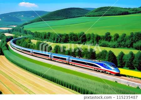 A bullet train travels through lush countryside 115235487