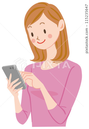 Woman touching a smartphone A young woman touching the screen of a smartphone 115235647