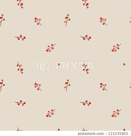 Watercolor seamless pattern of branches with Christmas red berries of ilex. New Year plant. Hand drawing illustration on isolated background. Repeat pattern of Winter Festive Natural Decoration. 115235803