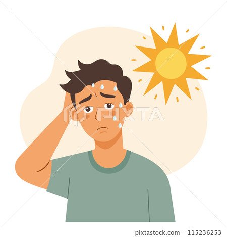 Young man with headache from sunstroke or heat. Healthcare and medicine. Illustration, vector 115236253