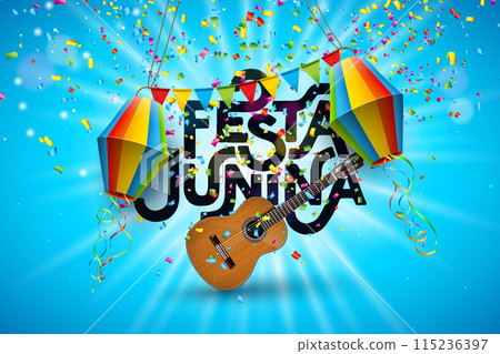 Festa Junina Illustration with Portugal Arraia Lettering on Vintage Wood Board on Sky Blue Background. Vector Brazil June Sao Joao Festival Design with Party Flags and Paper Lantern for Greeting Card 115236397