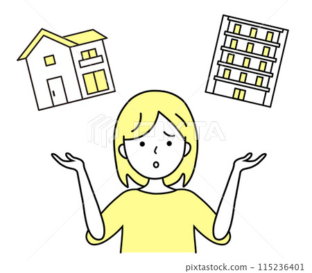 Illustration material of a woman who is worried about housing, between a detached house and an apartment 115236401