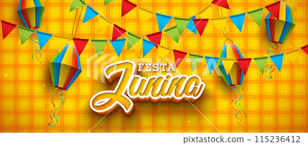 Festa Junina Illustration with Party Flag, Colorful Paper Lantern and 3d Typography Letter on Yellow Checkered Background. Vector Festa de Sao Joao Brazilian June Traditional Holiday Festival Design 115236412