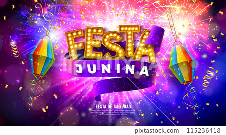 Festa Junina Celebration Banner Illustration with Paper Lantern, Party Flags and Light Bulb Billboard on Glowing Fireworks Background. Vector Brazil June Sao Joao Festival Design for Greeting Card 115236418