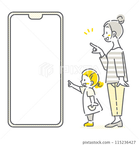 一位母親和一個小女孩看著智慧型手機螢幕 — 簡單而時尚的線條畫插圖 115236427
