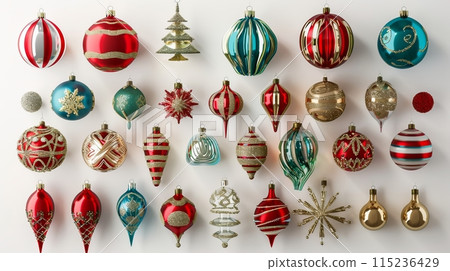 The 3D render shows a collection of assorted Christmas ornaments isolated on white. The design elements are isolated on white. The 3D render shows a collection of assorted Christmas ornaments isolated on white. The design elements are isolated on white. 115236429