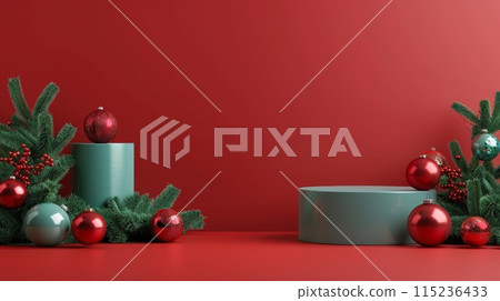 An abstract red background with empty podiums and Christmas ornaments on a green spruce. Empty festive showcase for product presentations. 115236433